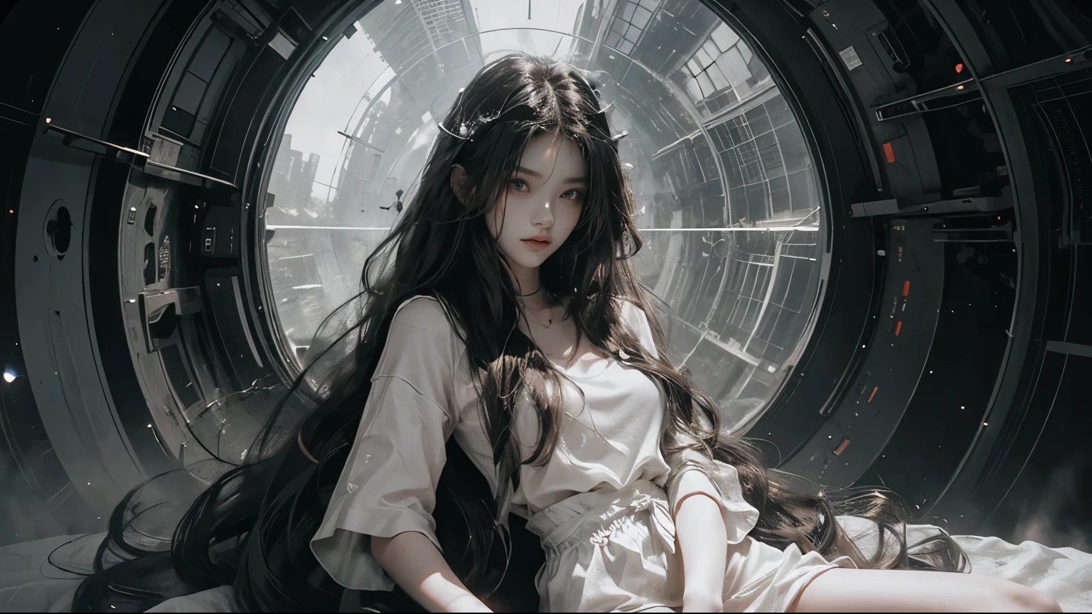 Generate an image of a young woman with long hair, flowing hair sit peacefully on a bed inside a futuristic spaceship. She is wearing a simple white t-shirt and dark shorts. The setting features intricate machinery and controls surrounding her. Through a large circular window, a breathtaking view of Earth from space is visible, adding a serene and ethereal atmosphere to the scene.