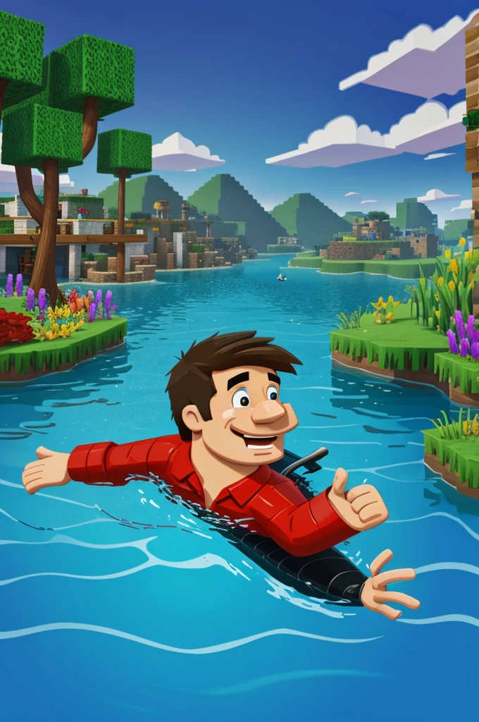 Cartoon of mine craft Moreno swimming