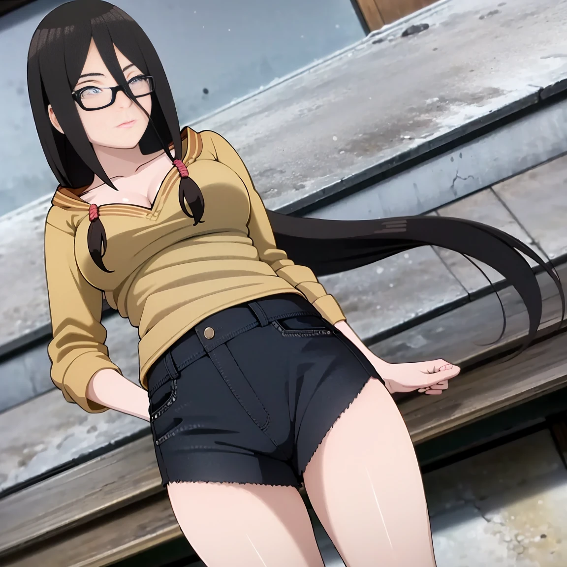 masterpiece, Very detailed, best quality, Ultra-high resolution, 1 Girl, Solitary, (completion), (small breast), breast, (Oversized shirts,Open neckline,Black half-rimmed glasses ), (Hyuga Hanabi:1), (shorts | Pants | mini skirt), cleveage, From the front