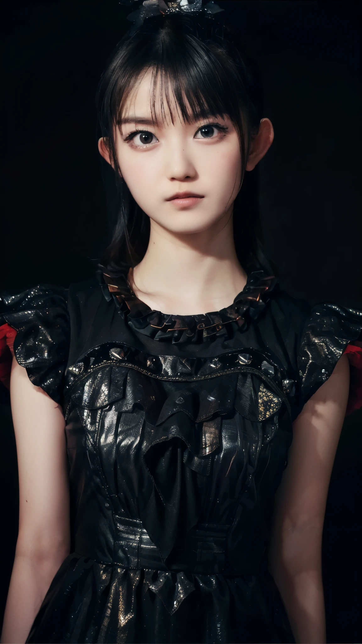 (masterpiece:1.2),(Highest quality:1.2),(Super detailed),(Ultra-high resolution),(Photorealistic Stick),(RAW Photos),8K,wallpaper,Backlight,(Written boundary depth),(Sophisticated lighting:1.1), (Improving cinematic lighting quality:0.9),Photo of a woman in a black dress by Babymetal,(Suzuka Nakamoto)((suzuka nakamoto:1.3)),whole bodyポートレート,(Eye light,Sharp pupils,Detailed eye drawing,)Very beautiful face,(Detailed skin texture:1.3),(Beautiful portrait:1.2),A lovely and delicate face,Beautiful young Japanese woman,front,((whole body:1.5)),((Black background:1.3)),(Flashy makeup),((Serious))