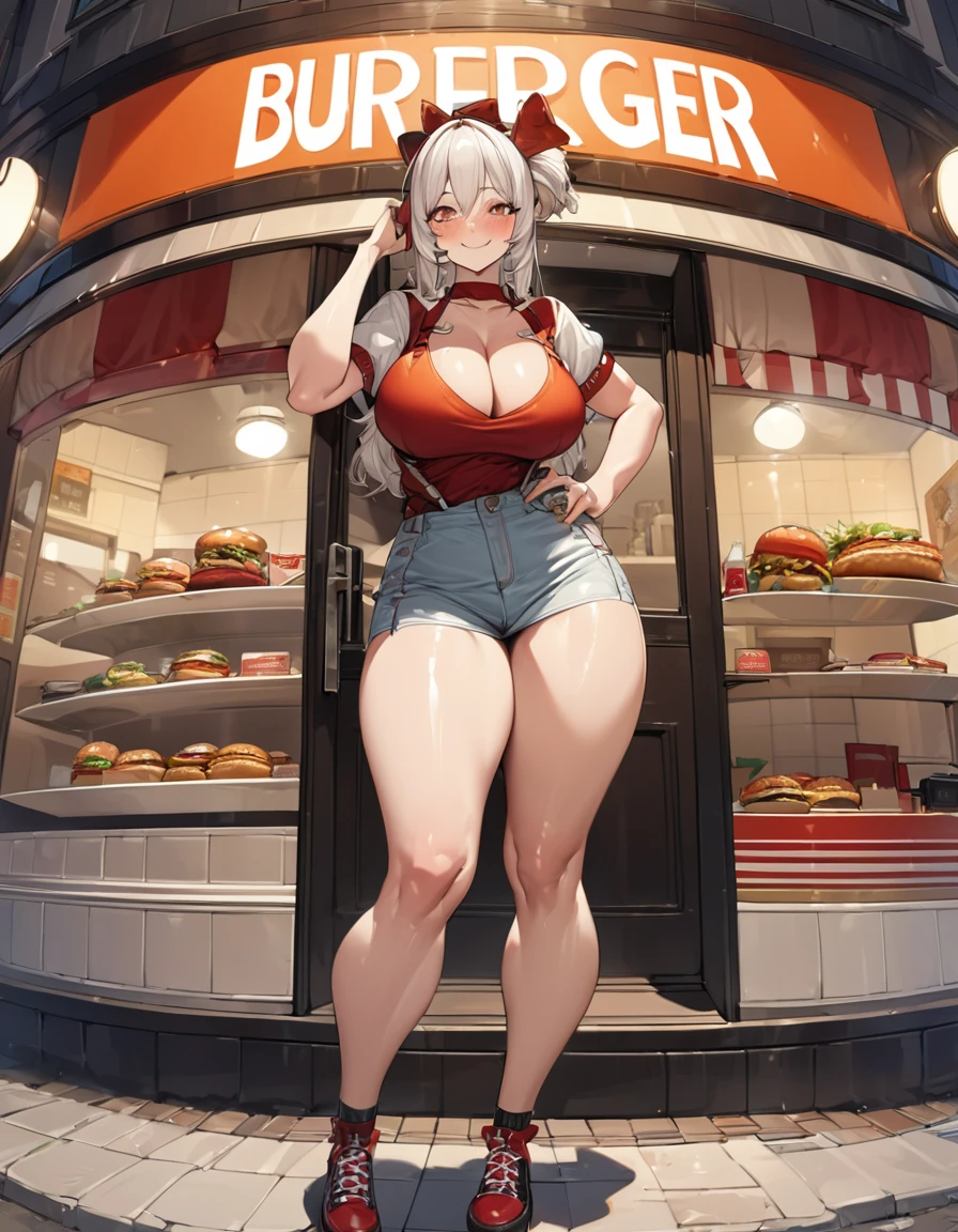 Young beautiful woman,(Highest quality,Extremely detailed depiction,Incredibly absurd high resolution,Anatomically accurate depiction,Curvy Legs,SFW),(Glowing Skin,Shiny skin),セクシーなBurger Shopの店員,Burger Shopの制服,Burger Shopの帽子,Burger Shopで接客中,paper bag,There is cleavage in the chest,smile,background:Burger Shop