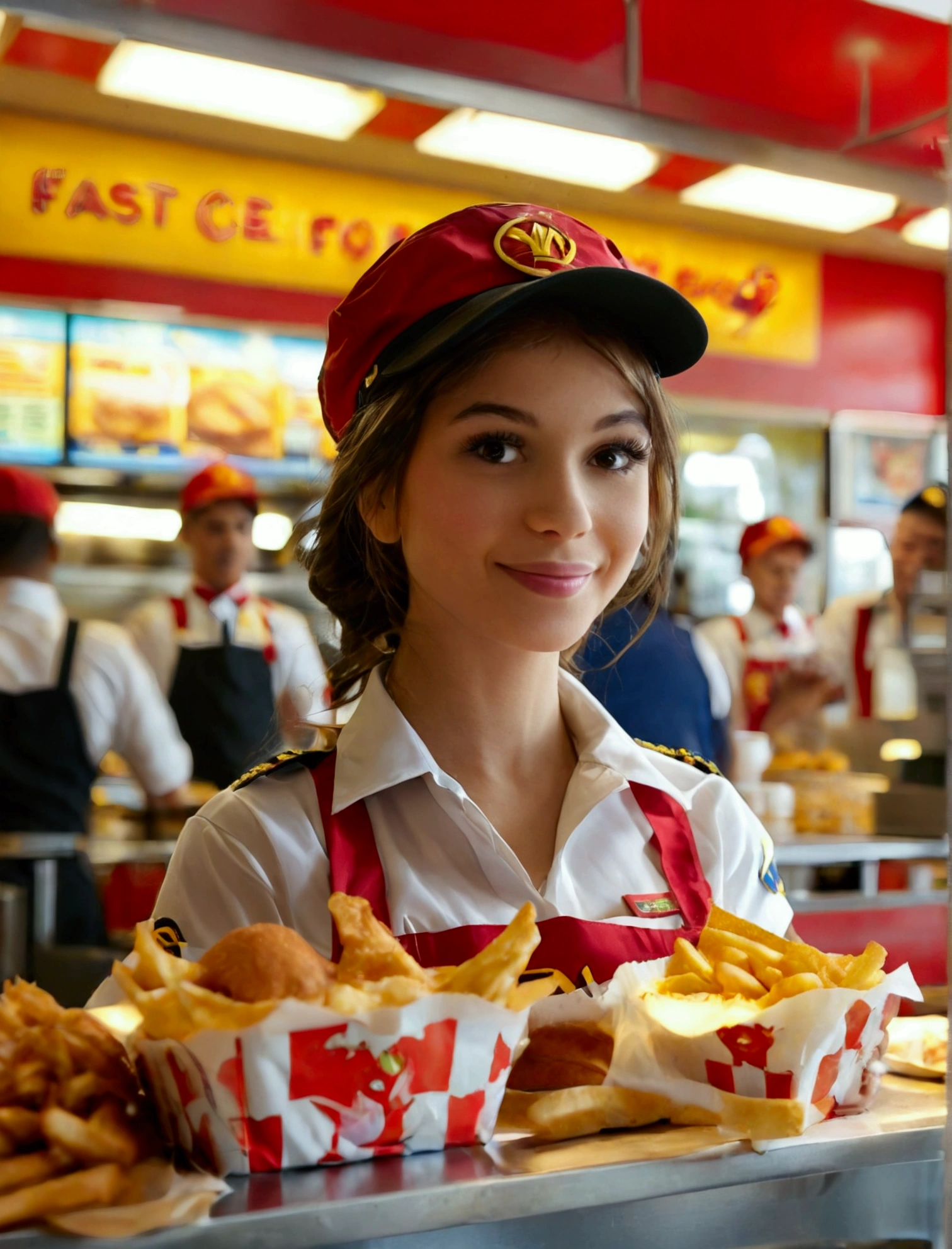 Aphotorealistic, ultra-detailed representation of a dedicated fast food worker serving customers behind the counter in an upper body shot. The individual, showcasing a genuine smile, is skillfully multitasking, handling various orders with precision and attention to detail. Their uniform, emblazoned with the familiar logos of the fast food chain, is worn neatly, and their hands move with dexterity as they assemble meals. The background is a blur of movement, customers lining up to place their orders. The scene is brightly lit, highlighting the worker's focused expression and the intricate mechanisms of the fast food assembly line. The image is shot in 8K UHD, breasts, giga_busty