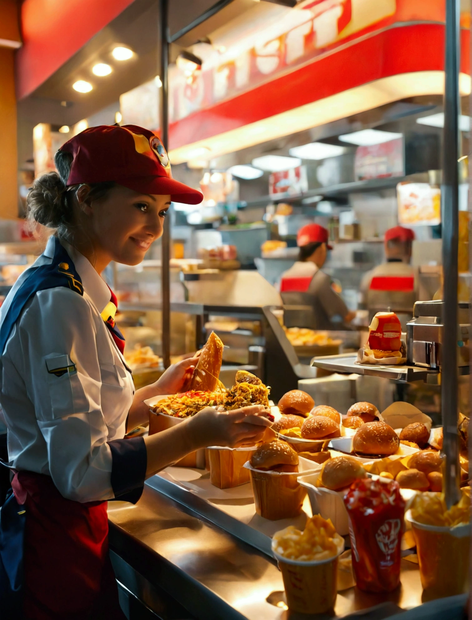 Aphotorealistic, ultra-detailed representation of a dedicated fast food worker serving customers behind the counter in an upper body shot. The individual, showcasing a genuine smile, is skillfully multitasking, handling various orders with precision and attention to detail. Their uniform, emblazoned with the familiar logos of the fast food chain, is worn neatly, and their hands move with dexterity as they assemble meals. The background is a blur of movement, customers lining up to place their orders. The scene is brightly lit, highlighting the worker's focused expression and the intricate mechanisms of the fast food assembly line. The image is shot in 8K UHD, gigantic breasts, giga_busty