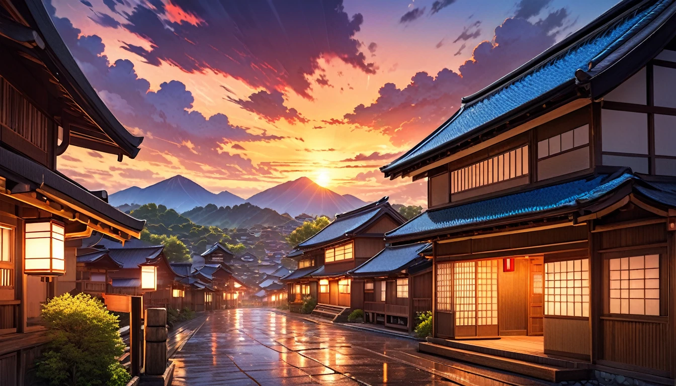 a beautiful sunset in a japanese town, detailed wooden buildings, anime style, highly detailed, vibrant colors, dramatic lighting, overcast sky, glowing sunset, picturesque landscape, detailed architecture, charming atmosphere, serene and peaceful, gorgeous scenery, cinematic composition, realistic rendering, volumetric lighting, detailed textures, masterpiece
