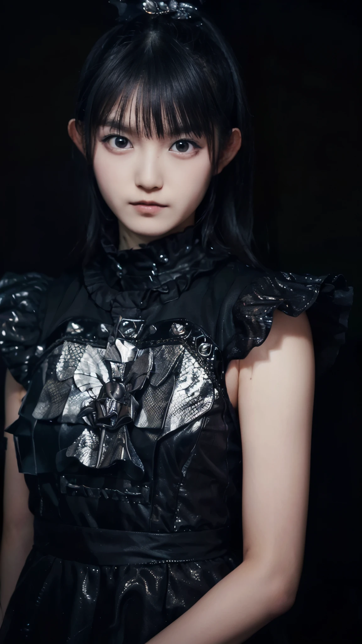(masterpiece:1.2),(Highest quality:1.2),(Super detailed),(Ultra-high resolution),(Photorealistic Stick),(RAW Photos),8K,wallpaper,Backlight,(Written boundary depth),(Sophisticated lighting:1.1), (Improving cinematic lighting quality:0.9),Photo of a woman in a black dress by Babymetal,(Suzuka Nakamoto)((suzuka nakamoto:1.3)),whole bodyポートレート,(Eye light,Sharp pupils,Detailed eye drawing,)Very beautiful face,(Detailed skin texture:1.3),(Beautiful portrait:1.2),A lovely and delicate face,Beautiful young Japanese woman,front,((whole body:1.5)),((Black background:1.3)),(Flashy makeup),((Serious))