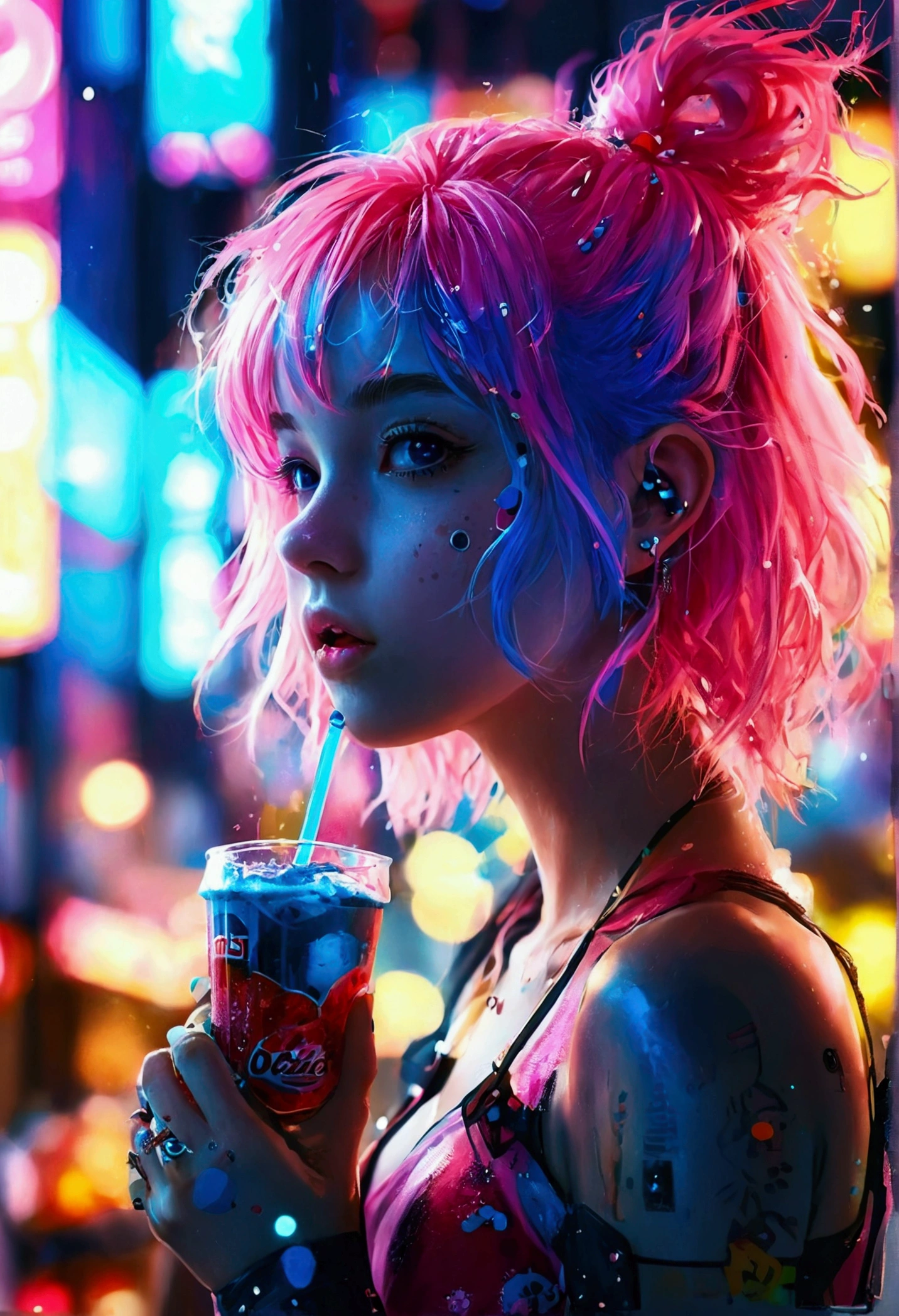 Pink and blue hair girl, soda, Inspired by 90s anime, Cyberpunk City, praise, colorful, sodaを飲む, Pink Hair, The background is dots