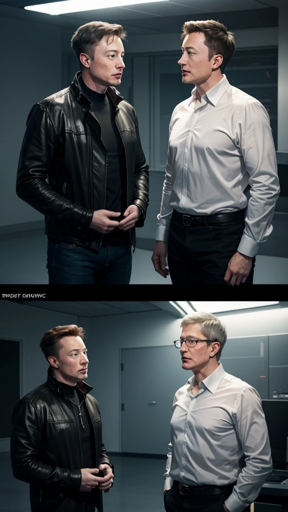 Generate an image of Tim Cook Talking with elon musk, cinematic lighting, vertical layout