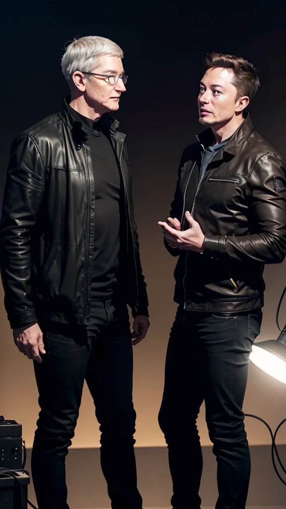 Generate an image of Tim Cook Talking with elon musk, cinematic lighting, vertical layout