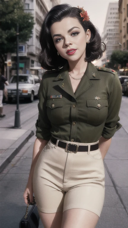 photo and gross. judy garland, 22 years old, medium breast, perfect body, pin-up-girl, militar uniform, flower in their hair, san fransisco 1970, perspective, half body detail, sharp focus, light mix, detail, 70's, (high skin detail: 1,2), 8k hd, DSLR, Luz outfit, high quality, Fujifilm XT3 Grainy Films.
