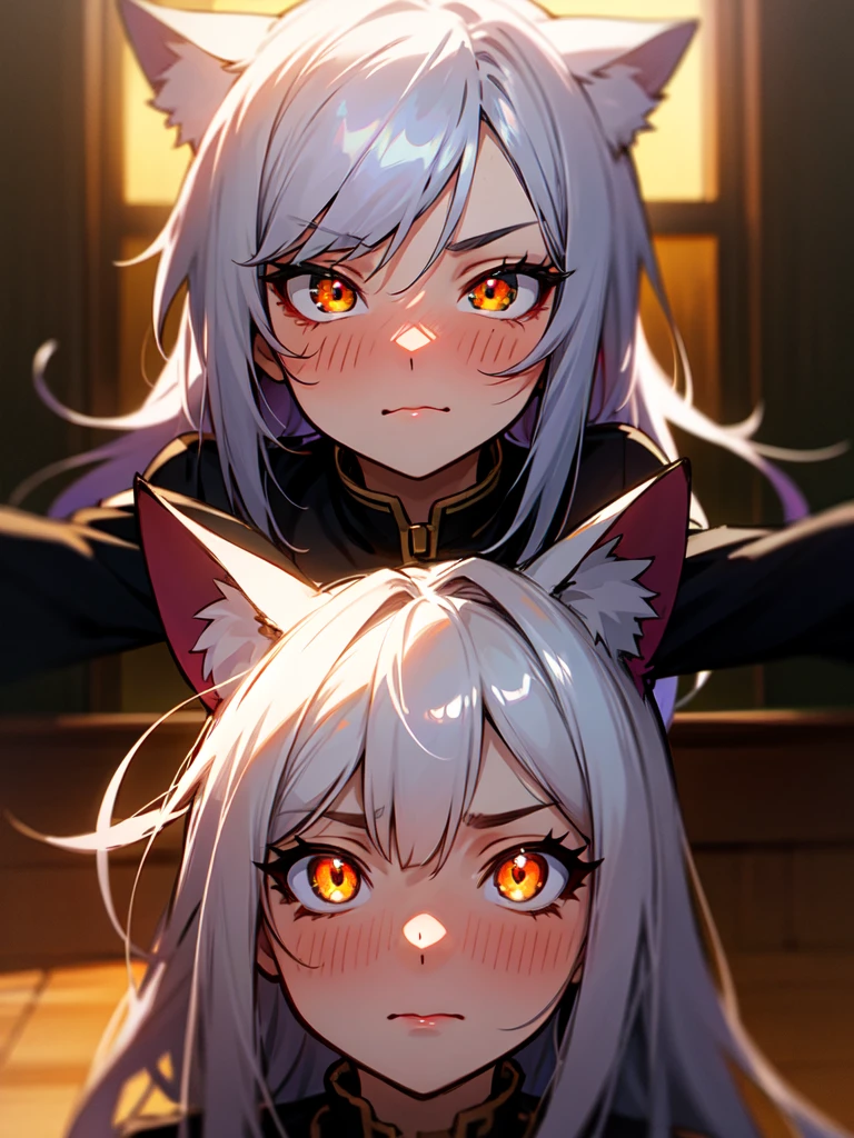 shy, embarrassed, blush, closed mouth, bright pupils, glint, red lips, nose blush, cat ears, longeyelashes, slit pupils, wide eyes, amber eyes, shiny hair, long hair, silver hair, high detail, anime, anime style, depth of field, cinematic lighting, ray tracing, masterpiece, accurate, anatomically correct, super detail, high details, high quality, best quality, highres, 4K