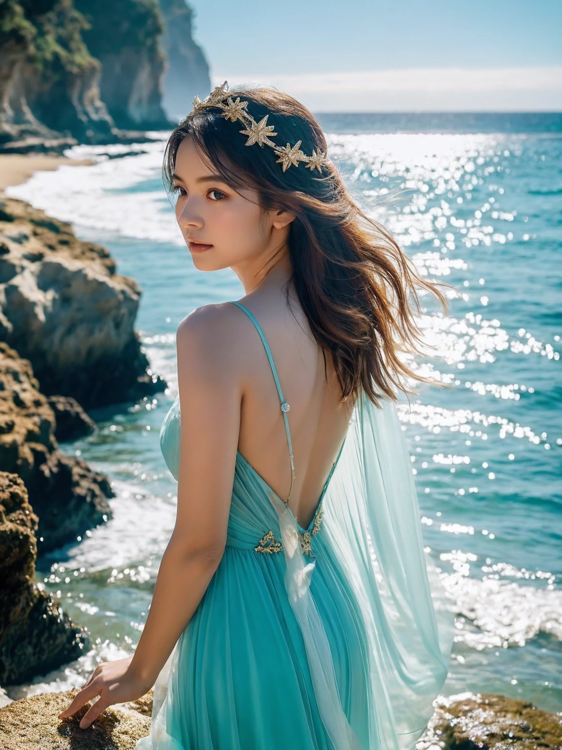 A serene coastal scene unfolds as Mikas, dressed in an ethereal gown that shimmers like seafoam, emerges from the waves. Soft, golden light casts a warm glow on her skin, accentuating its radiant complexion. Her sun-kissed hair cascades down her back like a waterfall of gold, adorned with delicate seashells forming a crown. As she gazes directly at the camera, a hint of mystery and intrigue radiates from her ocean-like eyes, inviting the viewer to dive deeper into their depths.