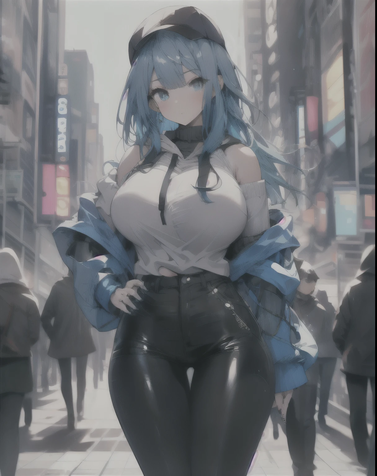 cowboy shot, ((no hat:1.3)), (8K, Highest quality, Highest quality, masterpiece), round chin, big breasts, wide hips, beautiful detailed face, detailed eyes, One girl, alone, cute, long hair, blue hair, hoodie, Off the shoulder:1.2, wearing mob cap, street, leather pants, beautiful fingers, blue nail, five fingers on each hand, hands on hips, put your hands in your pockets, blue theme,