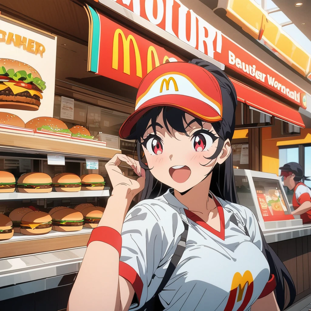 Masterpiece, ultra detailed, beautiful,Super Saturation, anime style,fast food worker, burger shop, McDonald's 