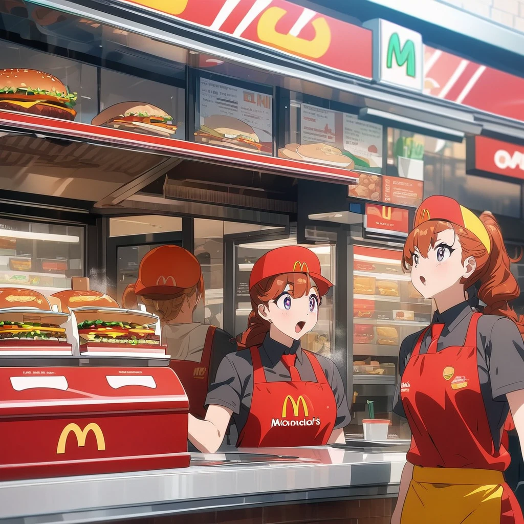 Masterpiece, ultra detailed, beautiful,Super Saturation, anime style,fast food worker, burger shop, McDonald's 