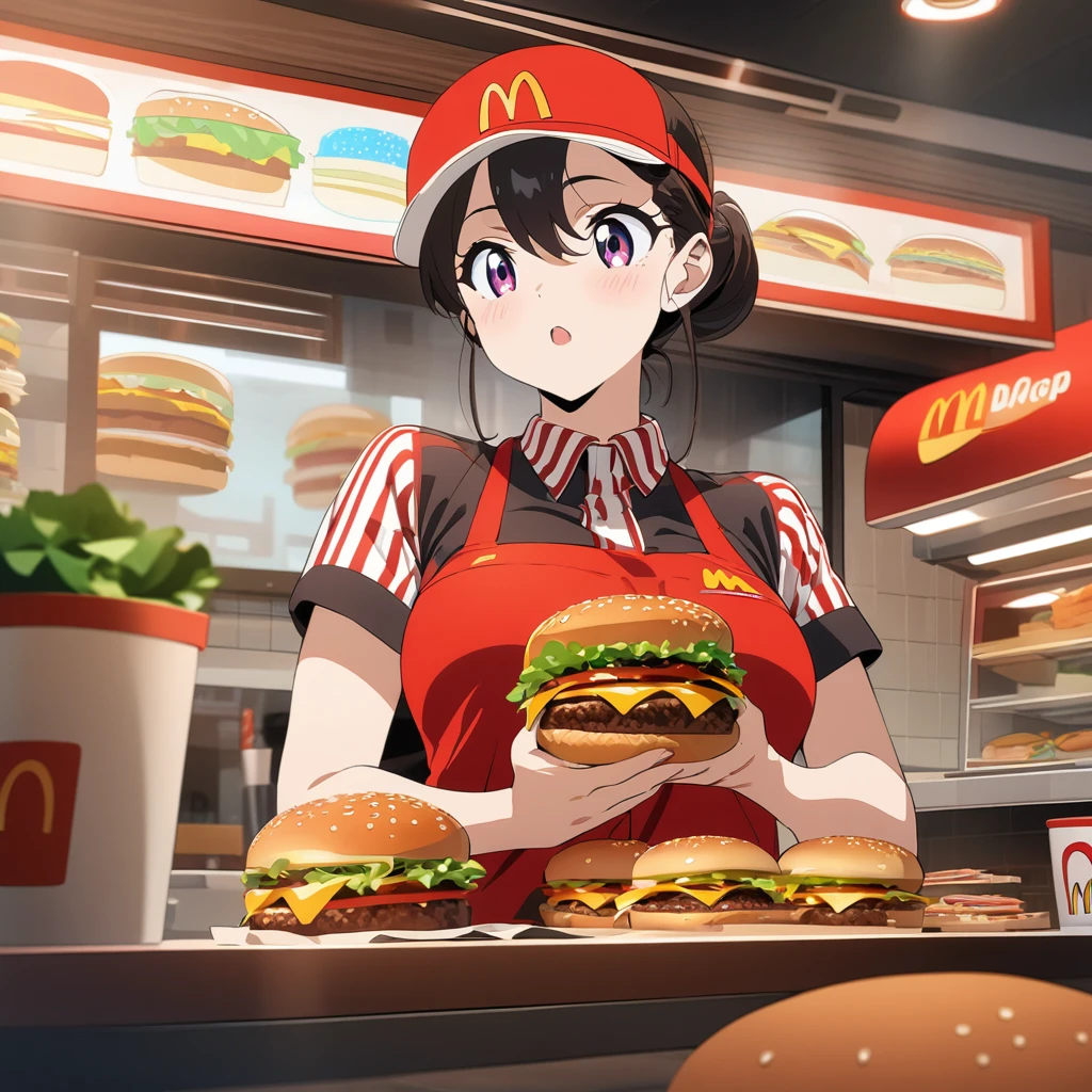 Masterpiece, ultra detailed, beautiful,Super Saturation, anime style,fast food worker, burger shop, McDonald's 