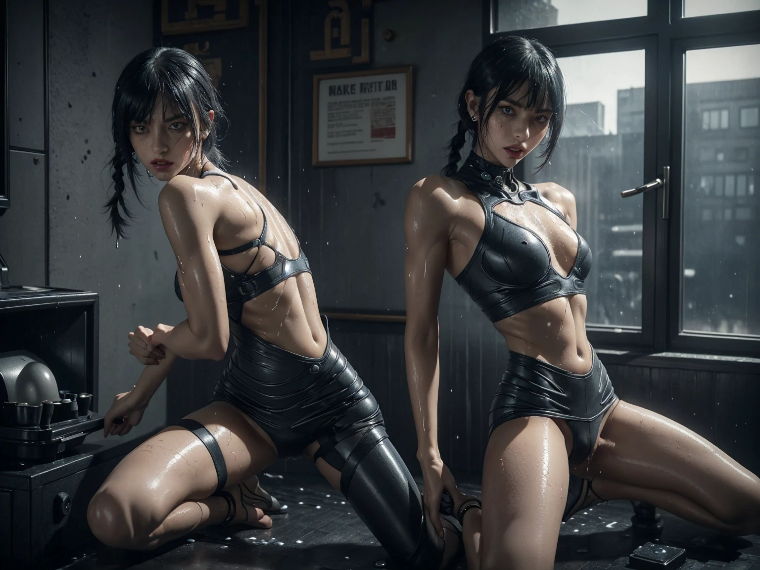 short hair with bangs, ((short skirt)) (((Slutty skintight cybernetic Full AI skin and anatomy))), ((slutty braided hair)), ((She is in your bedroom, slutty )), Perfect back view of her tight butt, full body picture, she is a seductive slut, Perfect proportions, she has a perfect Ass... she wants to put your tiny shrunken body deep inside of her pussy, short hair with bangs and ponytails, beautiful horror, domination, death by pussy insertion, skinny sexy and slutty woman, she needs to have your tiny shrunken body deep inside of her pussy.... she wants you to choke inside of her pussy, she is the embodiment of sexual domination and lust, she is perfect, you are her prey, you are about to die inside of her pussy, small tight ass, giantess domination, human sex toy, helpless, she is a giantess and she wants to use your tiny shrunken body as a human dildo..., perfect anatomy, perfect arms and hands, better detail on her eyes... make her eyes look scary and beautiful, perfect sexy and slutty athletic body, perky nipples, wet, white cum, perfect tight butt, black hair, perfect legs and thighs, tight wet pussy, white dripping cum, ((Perfect eyes and face)), ((closed wet full lips)), ((perfect hands and fingers)), ((( a lot of white cum is dripping out of her pussy))), ((she has a very skinny and toned strong body)), ((makeup)), ((freckles)), ((perfect eyebrows)), ((sharper edges)), ((perfect scary grey eyes)), perfect face, slut, sadistic, predatory, better detail on her skin, perfect face and strong jawline, perfect full wet lips, sadistic atmosphere, wet sweaty skin, beautiful intimidating grey eyes, ((beautiful horror)), better lighting, more toned muscles, perfect detail on her intimidating eyes, very tight underwear, ((tight pussy)), (((tighter clothing))), slutty, intense, perfect detail, ((piercings)), better detail on her bellybutton, skinny, skinny and strong, more skin showing, intense, slutty, freckles, long skinny perfect legs, scary and intense, super slutty