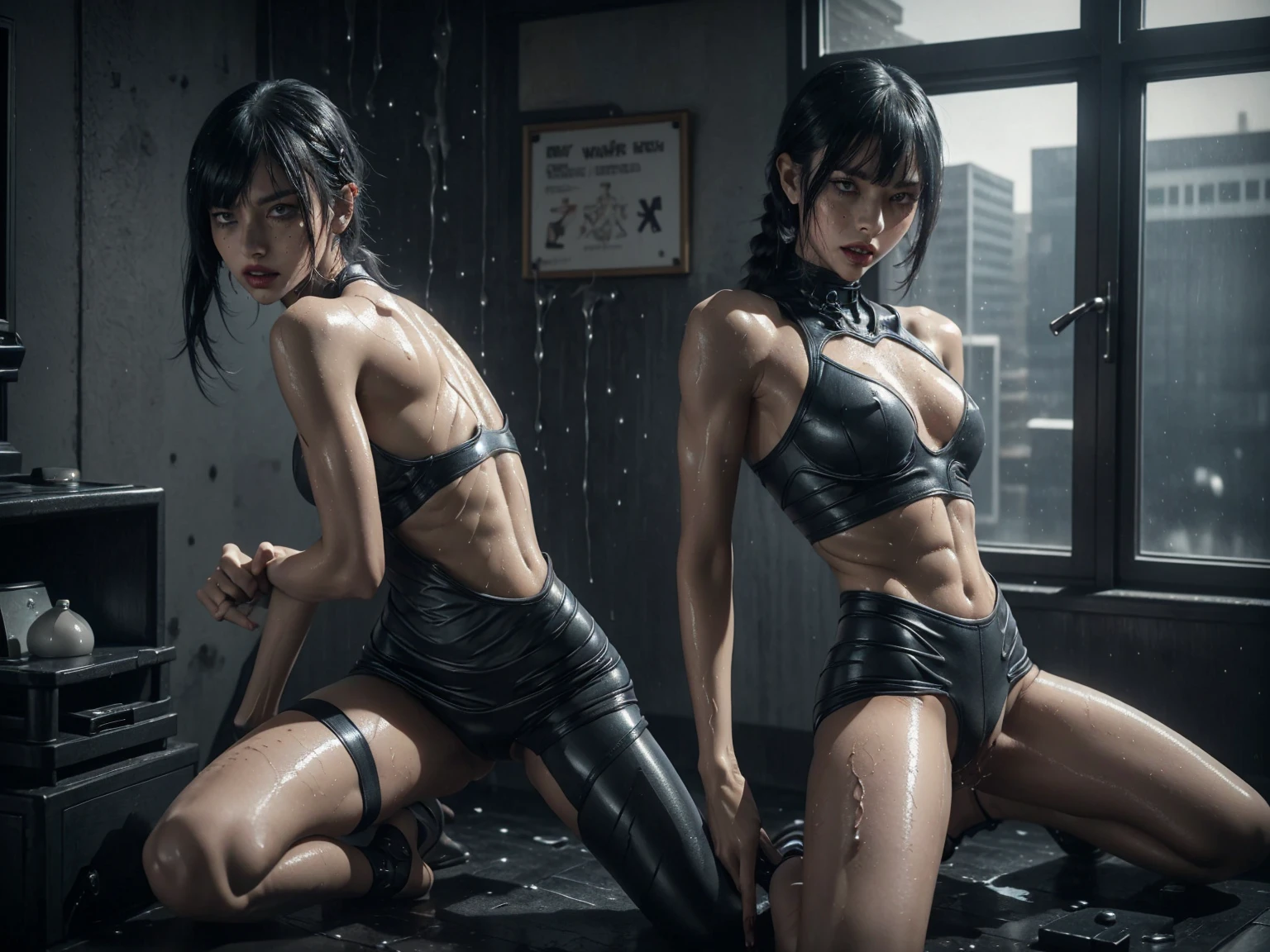 short hair with bangs, ((short skirt)) (((Slutty skintight cybernetic Full AI skin and anatomy))), ((slutty braided hair)), ((She is in your bedroom, slutty )), Perfect back view of her tight butt, full body picture, she is a seductive slut, Perfect proportions, she has a perfect Ass... she wants to put your tiny shrunken body deep inside of her pussy, short hair with bangs and ponytails, beautiful horror, domination, death by pussy insertion, skinny sexy and slutty woman, she needs to have your tiny shrunken body deep inside of her pussy.... she wants you to choke inside of her pussy, she is the embodiment of sexual domination and lust, she is perfect, you are her prey, you are about to die inside of her pussy, small tight ass, giantess domination, human sex toy, helpless, she is a giantess and she wants to use your tiny shrunken body as a human dildo..., perfect anatomy, perfect arms and hands, better detail on her eyes... make her eyes look scary and beautiful, perfect sexy and slutty athletic body, perky nipples, wet, white cum, perfect tight butt, black hair, perfect legs and thighs, tight wet pussy, white dripping cum, ((Perfect eyes and face)), ((closed wet full lips)), ((perfect hands and fingers)), ((( a lot of white cum is dripping out of her pussy))), ((she has a very skinny and toned strong body)), ((makeup)), ((freckles)), ((perfect eyebrows)), ((sharper edges)), ((perfect scary grey eyes)), perfect face, slut, sadistic, predatory, better detail on her skin, perfect face and strong jawline, perfect full wet lips, sadistic atmosphere, wet sweaty skin, beautiful intimidating grey eyes, ((beautiful horror)), better lighting, more toned muscles, perfect detail on her intimidating eyes, very tight underwear, ((tight pussy)), (((tighter clothing))), slutty, intense, perfect detail, ((piercings)), better detail on her bellybutton, skinny, skinny and strong, more skin showing, intense, slutty, freckles, long skinny perfect legs, scary and intense, super slutty