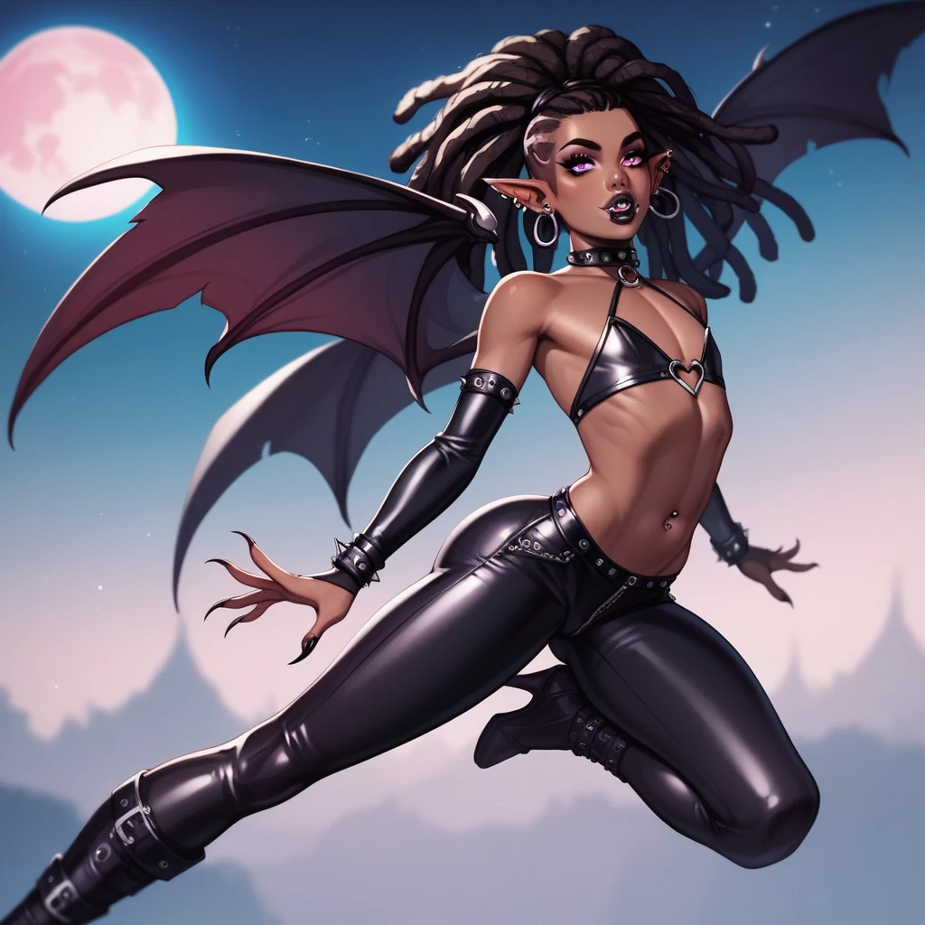 Best quality, highly detailed, ultra detailed, 1 brown skin boy, flat chest, male chest, slim curvy body, long pink dreadlocks, pink eyes, vampire, pointy ears, pierced ears, belly button piercing, septum piercing, nostril piercing, sharp nails, black lipgloss, goth, wearing black bodysuit, black tight pants, big butt, flying, full moon background, night sky