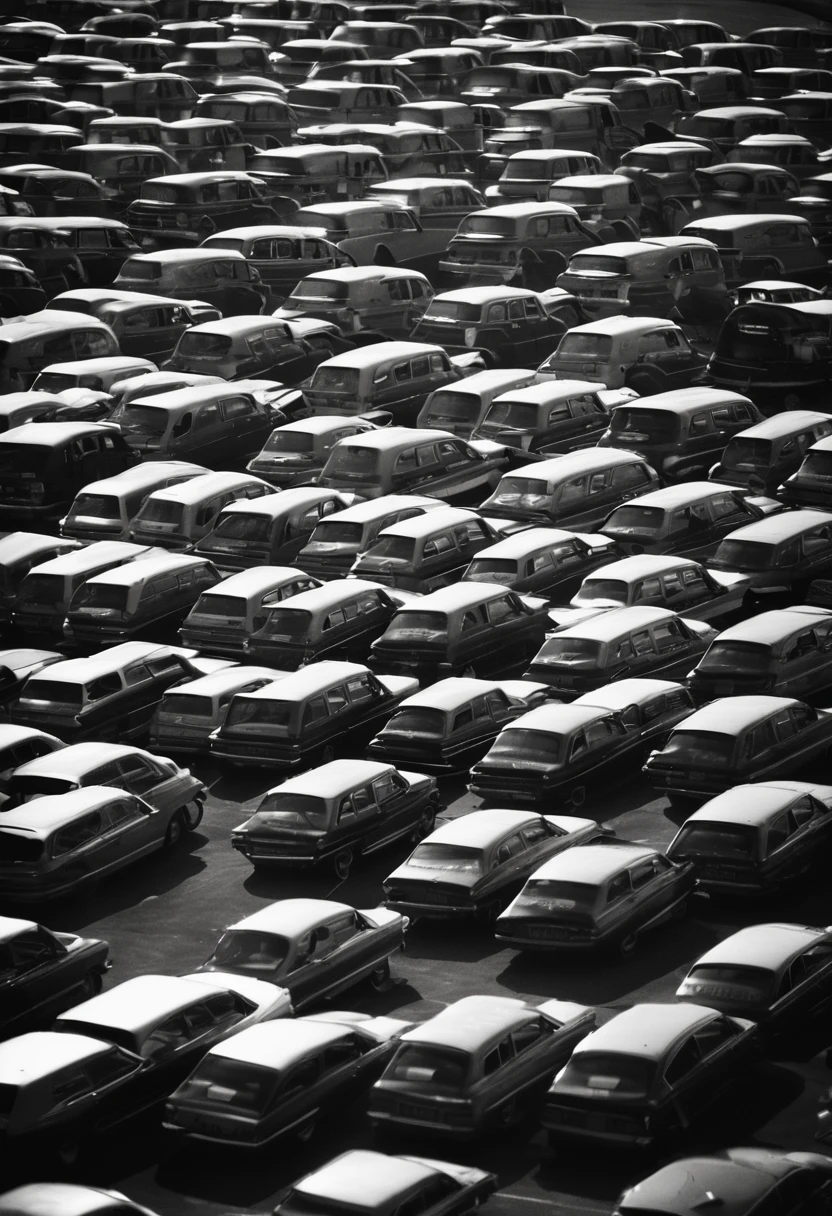An old metal UFO is parked in a parking space with many cars parked neatly in the parking lot,Old photo grain,Blurry monochrome polaroid photo