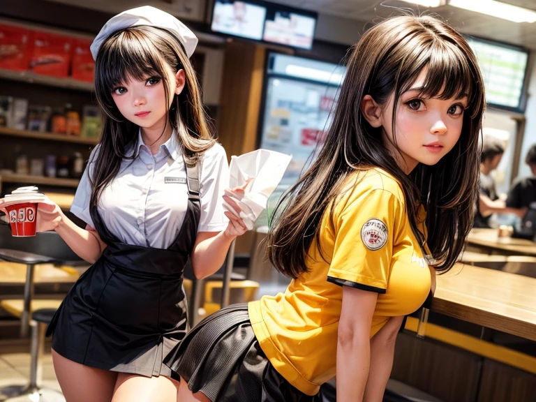 score_9, score_8_up, score_8, score_7_up, score_7, score_6_up, score_6, score_5_up, Score_5, rating_questionable, beautiful girl, medium breasts, slender, fast food worker, behind counter, serving customers, miniskirt, cameltoe, in fast food restaurant, fast food uniform