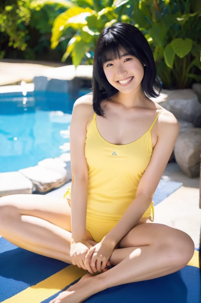 
smile、Ami Maejima、maeshima ami、Armpit、Leg spread、M字Leg spread、Yellow and blue swimsuit、chest、Thighs、smile、solo girl