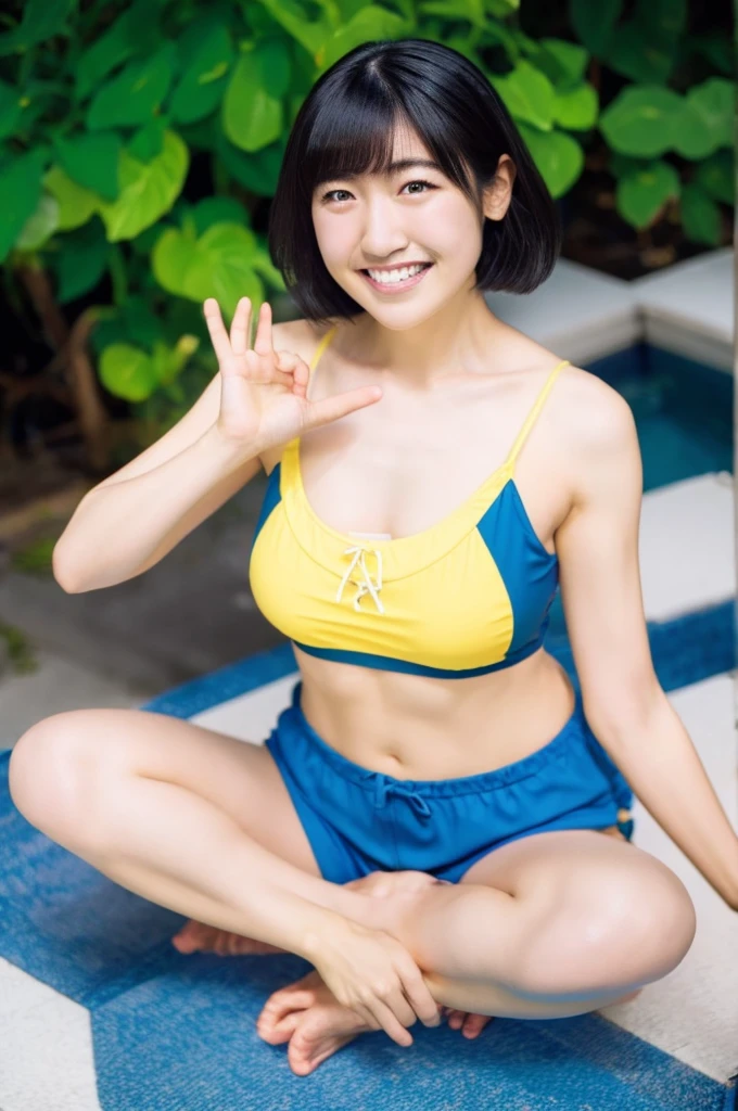 
smile、Ami Maejima、maeshima ami、Armpit、Leg spread、M字Leg spread、Yellow and blue swimsuit、chest、Thighs、smile、solo girl