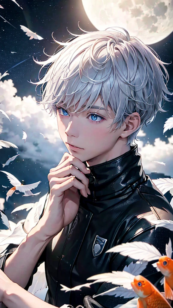 (BOY \(student, , JK, short flowing silver hair, cosmic colored eyes, black , pale skin, tired face with no sparkle in the eyes\) is looking at the sky), (lots of goldfish swimming in the air ), beautiful sky, beautiful clouds, colorful summer flowers blooming here and there, (crystal clear bubbles shining through prisms here and there in the sky), there is a daytime moon and daytime stars in the sky , BREAK ,quality \(8k, highly detailed CG unit wallpaper, masterpiece, high resolution, best quality, high quality genuine leather texture, very realistic, resolution enhancement, RAW photo, best quality, highly detailed, wallpaper, cinematic lighting, ray trails, golden ratio \) , long shot