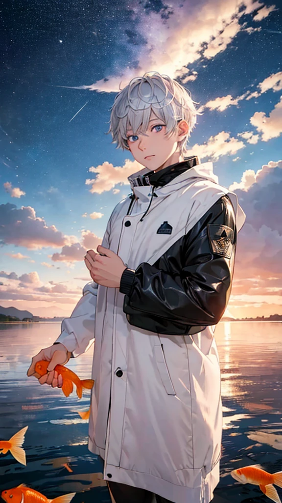 (BOY \(student, 15 years old, JK, short flowing silver hair, cosmic colored eyes, black , pale skin, tired face with no sparkle in the eyes\) is looking at the sky), (lots of goldfish swimming in the air ), beautiful sky, beautiful clouds, colorful summer flowers blooming here and there, (crystal clear bubbles shining through prisms here and there in the sky), there is a daytime moon and daytime stars in the sky , BREAK ,quality \(8k, highly detailed CG unit wallpaper, masterpiece, high resolution, best quality, high quality genuine leather texture, very realistic, resolution enhancement, RAW photo, best quality, highly detailed, wallpaper, cinematic lighting, ray trails, golden ratio \) , long shot