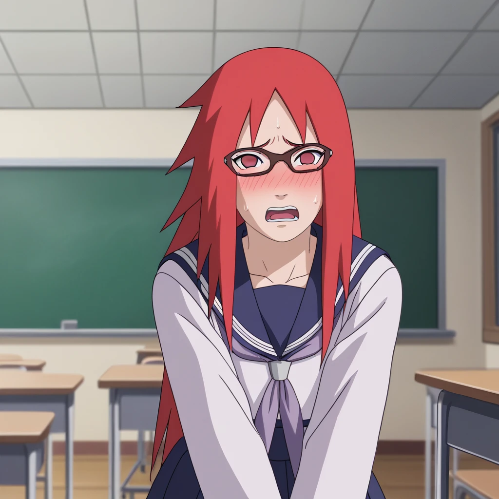 Red hair, 1 Girl, Glasses, Long hair, Red Eyes, Solitary, Sailor Suit,Umbilical cord, Looking at the audience,No students, Japanese cartoons screencap, Japanese cartoons coloring,src_Japanese cartoons,Naruto \(series\), Naruto shippuuden,((blush,nervous,Vision,classroom,Kneel down,))masterpiece, absurd , (Intricate details), (Colorful), light, Extremely detailed CG unity 8k wallpaper ,1 Girl, solo,(shy,classroom,night,blush,nervous,Sweating,蕾丝dress, ),sweat,blush,blush1.5,Blush,Medium chest,((dress,Black stockings,)),(dress,Uncomfortable expression,Mouth open,spit)