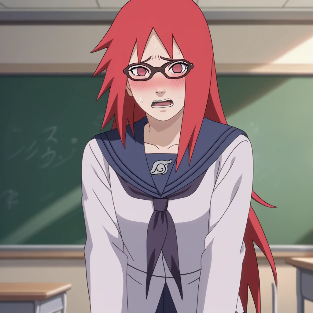 Red hair, 1 Girl, Glasses, Long hair, Red Eyes, Solitary, Sailor Suit,Umbilical cord, Looking at the audience,No students, Japanese cartoons screencap, Japanese cartoons coloring,src_Japanese cartoons,Naruto \(series\), Naruto shippuuden,((blush,nervous,Vision,classroom,Kneel down,))masterpiece, absurd , (Intricate details), (Colorful), light, Extremely detailed CG unity 8k wallpaper ,1 Girl, solo,(shy,classroom,night,blush,nervous,Sweating,蕾丝dress, ),sweat,blush,blush1.5,Blush,Medium chest,((dress,Black stockings,)),(dress,Uncomfortable expression,Mouth open,spit)