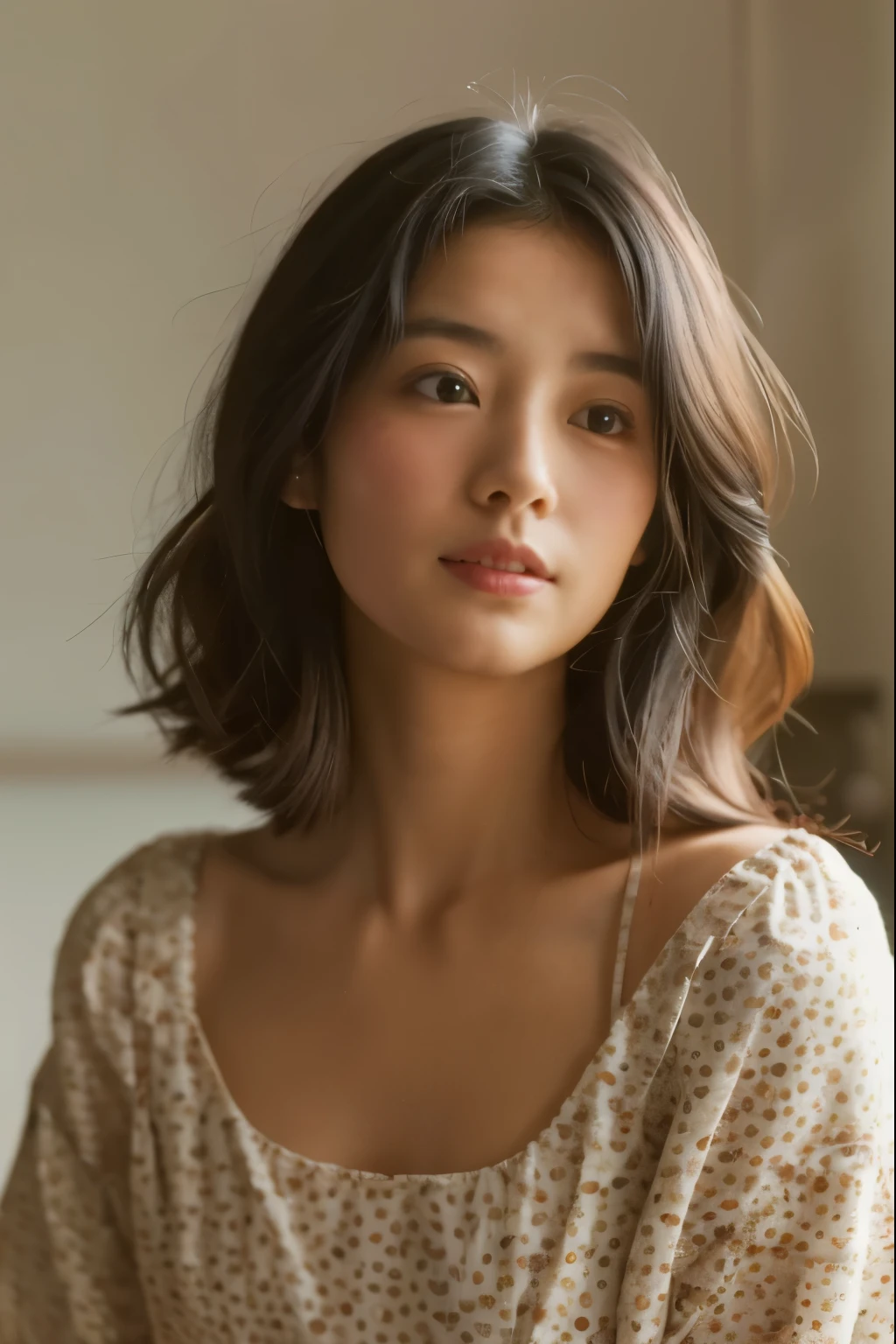 Japanese women、young、White polka dot dress、Black Hair