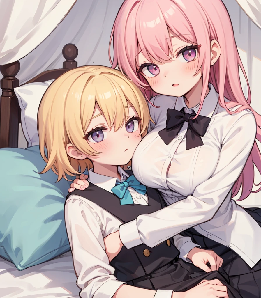 masterpiece, Highest quality, so beautiful, absurdists,High resolution,One girl, One boy,Cuddling in bed, like,sexly,Look at each one, blush,Age difference,bow tie,blondes,chest,Long Hair,Pink Hair,Tucked in shirt,short hair,skirt,Tent shirt,Slut,Big breasted sister and brother,Siblings, trousers,Pushing her big tits against her brother,(My brother&#39;s erect penis),((((姉のvery huge breasts,Sister crushes her big tits in her brother&#39;s face)))),(((((Very huge breasts))))),(((((penis,NSFW,Soft Very HUGE breasts))))),((Bursting Breasts,Huge breasts hiding her brother&#39;s face)),((((((((Huge Breasts, Large Breasts, Very Large Breasts, Very Large Breasts, Very Large Breasts, Very Large Breasts, Very Large Breasts, Very Large Breasts, Very Large Breasts, Very Large Breasts, Very Large Breasts, Very Large Breasts, Burying Face in Breasts)))))))),Two people gazing at each other,puffy breasts,((Face crushed by tits, huge breasts on brother's body, mouth covered by tits, breasts covering face)),((huge breasts)),((soft massive breasts)),crotch grab