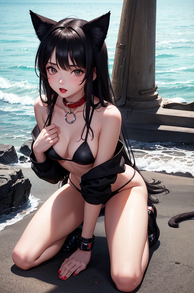 A girl,,Red lips,Cat ear,Black bikini,Collar,Kneeling on the beach