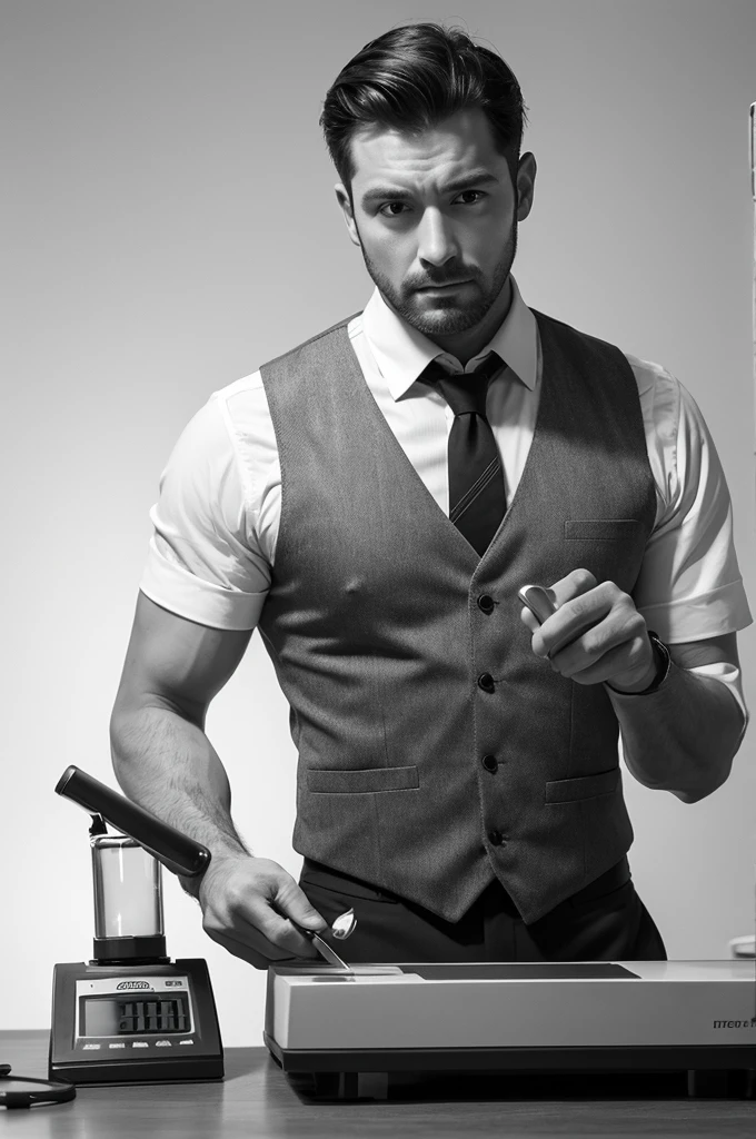 A man in a vest holding a scale in his right hand and weighing something