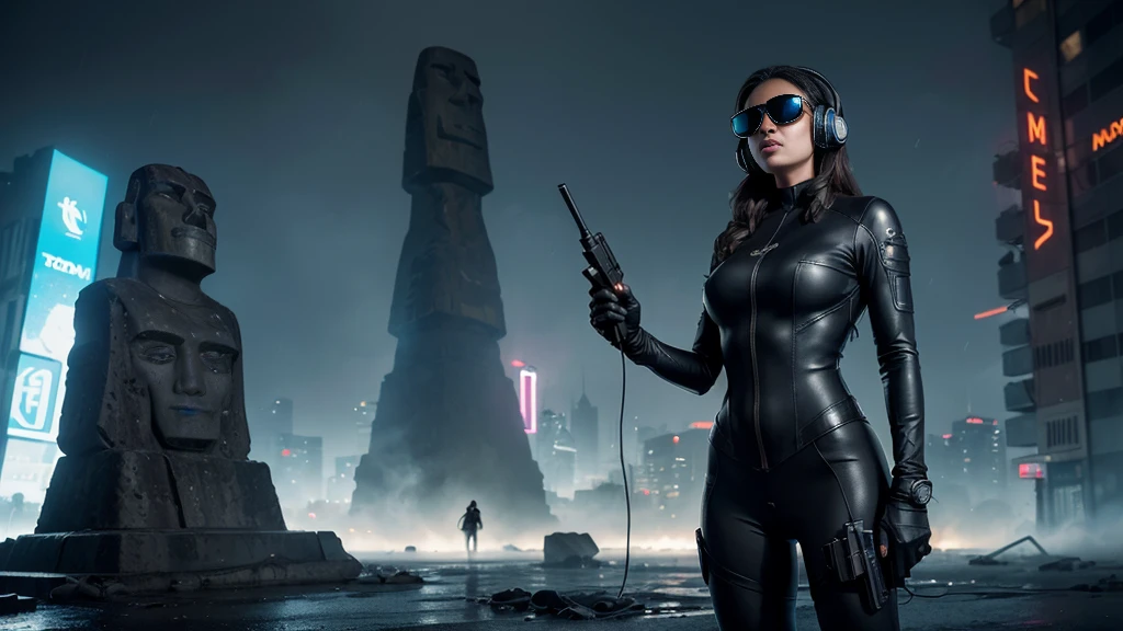 Aerial view, giant Moai statue, sci-fi outdoor maze background. Matrix style, at night, dark sky. (1girl, solo), photo realistic, large-breast:1.2 slim:0.9 body, cleavage:1.2, tube top, miniskirt, (matrix style black sunglasses), (holding a mini:1.1 stun gun), half-body thigh level medium shot, cinematic lighting, ray tracing.