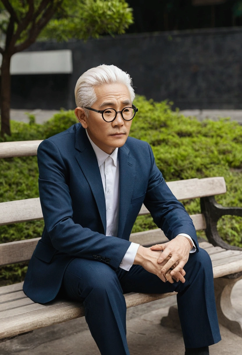 One wears a suit、White hair、Senior man with glasses sitting on a bench.