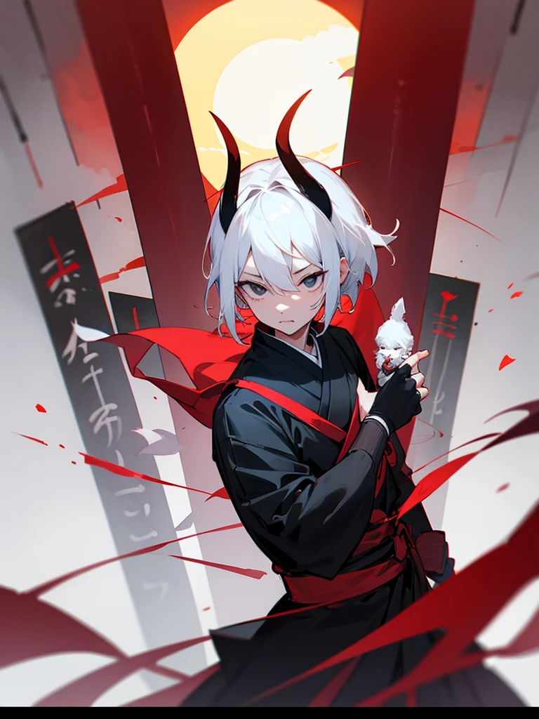 Expressionless, black eyes, white horns, short white hair, black ninja outfit, torii gate, male, full moon, fangs