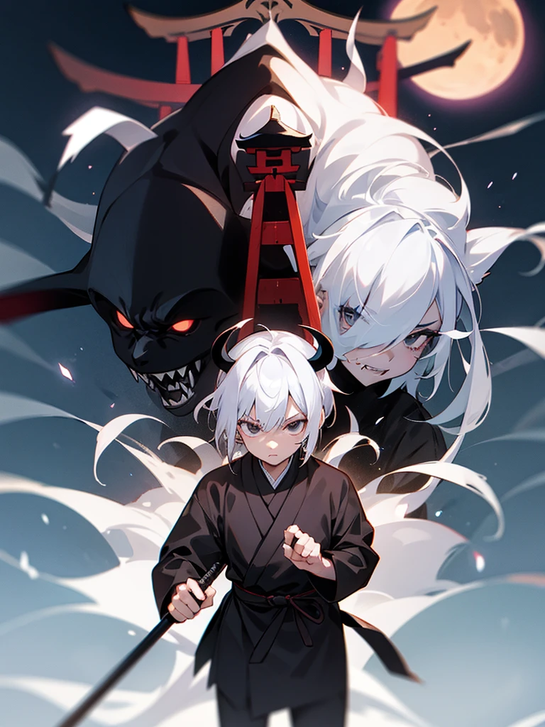 Expressionless, black eyes, white horns, short white hair, black ninja outfit, torii gate, male, full moon, fangs