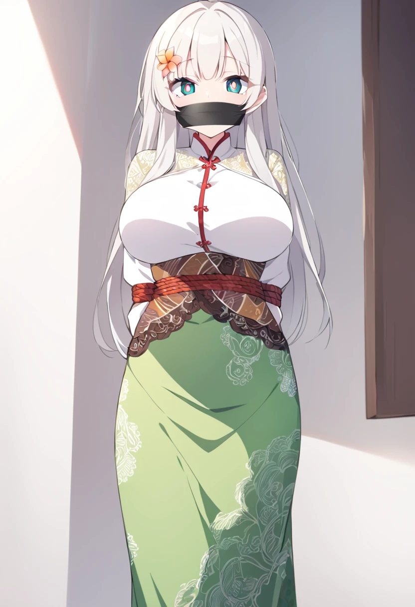 score_9, score_8_up, source_anime, 1girl, solo,The photo features a woman standing in traditional decorations. She is wearing traditional attire consisting of a light white kebaya with lace trim and a long green skirt with batik or songket patterns. The woman is also wearing white high-heeled sandals, and there is a frangipani flower tucked behind her left ear. The surrounding environment has ornate decorations, likely from Bali or Java. , (bound wirsts), (arms behind back), (tapegag, tape gag), dramatic,  (looking at viewer), (detailed pupils:1.3),pencil skirt ,red rope, thick rope,big breast,