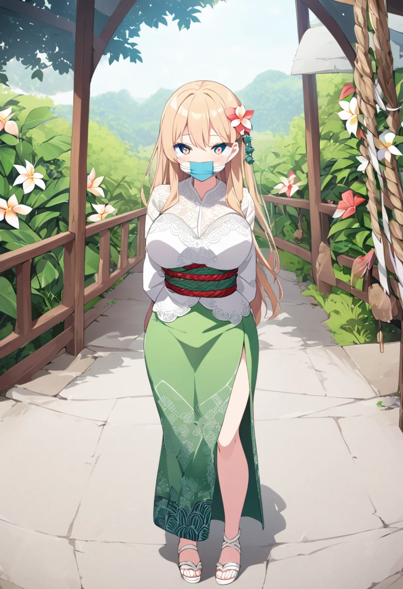 score_9, score_8_up, source_anime, 1girl, solo,The photo features a woman standing in traditional decorations. She is wearing traditional attire consisting of a light white kebaya with lace trim and a long green skirt with batik or songket patterns. The woman is also wearing white high-heeled sandals, and there is a frangipani flower tucked behind her left ear. The surrounding environment has ornate decorations, likely from Bali or Java. , (bound wirsts), (arms behind back), (tapegag, tape gag), dramatic,  (looking at viewer), (detailed pupils:1.3),pencil skirt ,red rope, thick rope,big breast,