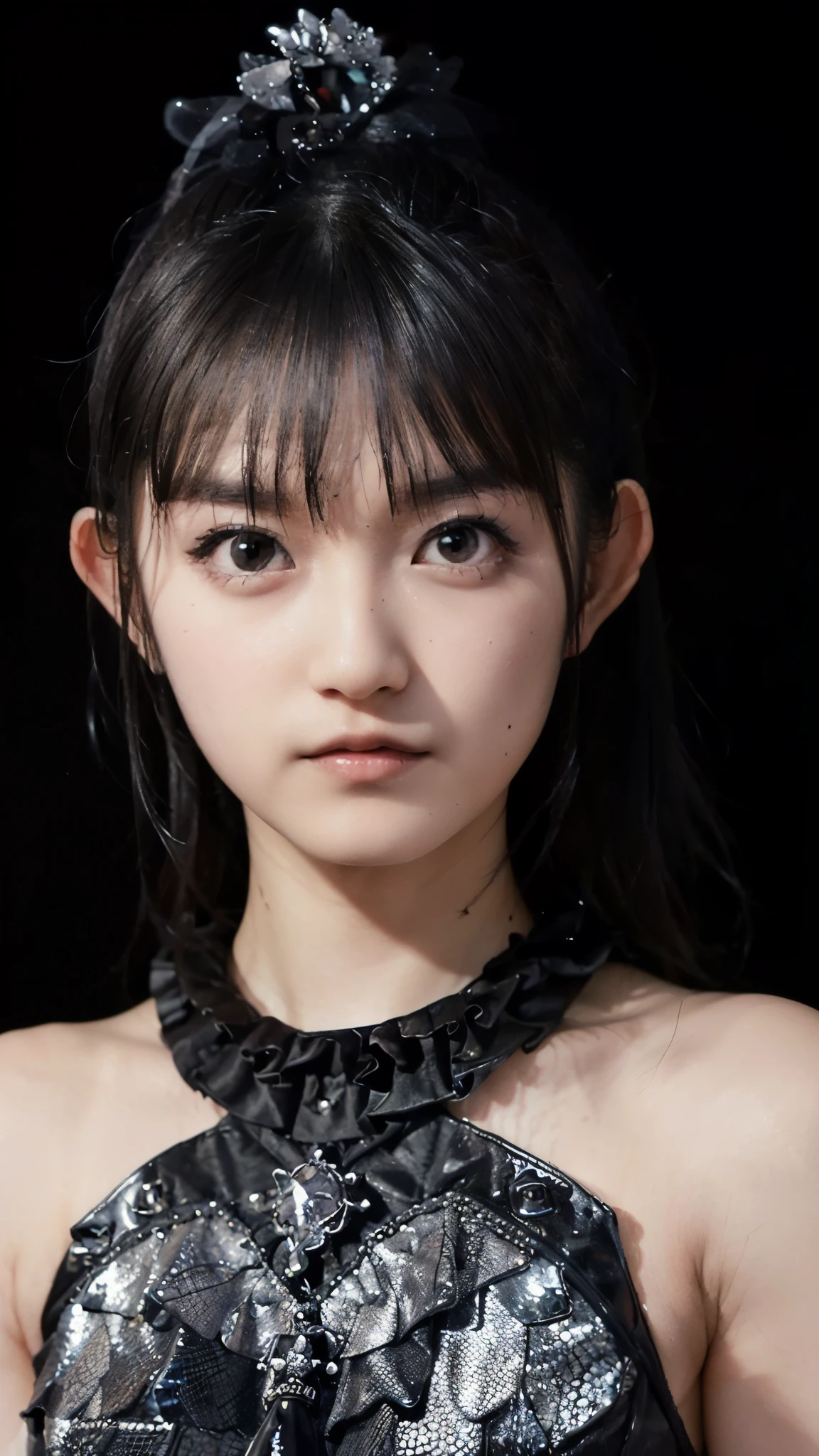 (masterpiece:1.2),(Highest quality:1.2),(Super detailed),(Ultra-high resolution),(Photorealistic Stick),(RAW Photos),8K,wallpaper,Backlight,(Written boundary depth),(Sophisticated lighting:1.1), (Improving cinematic lighting quality:0.9),Photo of a woman in a black dress by Babymetal,(Suzuka Nakamoto)((suzuka nakamoto:1.3)),whole bodyポートレート,(Eye light,Sharp pupils,Detailed eye drawing,)Very beautiful face,(Detailed skin texture:1.3),(Beautiful portrait:1.2),A lovely and delicate face,Beautiful young Japanese woman,front,((whole body:1.5)),((Black background:1.3)),(Flashy makeup),((Serious))