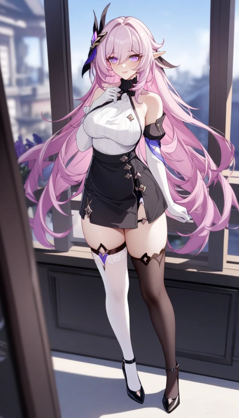 masterpiece, best quality, very aesthetic, absurdres, 1girl, mature_lady, masterpiece, best quality, very aesthetic, absurdres, 1girl, standing, full body, thighhighs,one thighhigh is white, another thighhigh is black, white stocking, black stocking white_sweater, virgin-killing_sweater,,elysia_(honkai_impact), honkai_(series), honkai_impact_3rd, elysia_(herrscher_of_human:ego)_(honkai_impact), 1girl, elbow_gloves, elf, hair_between_eyes, hair_ornament, multicolored_hair, pink_hair, pink_pupils, pointy_ears, purple_eyes, two-tone_hair,,in balcony,blur background,background defocus