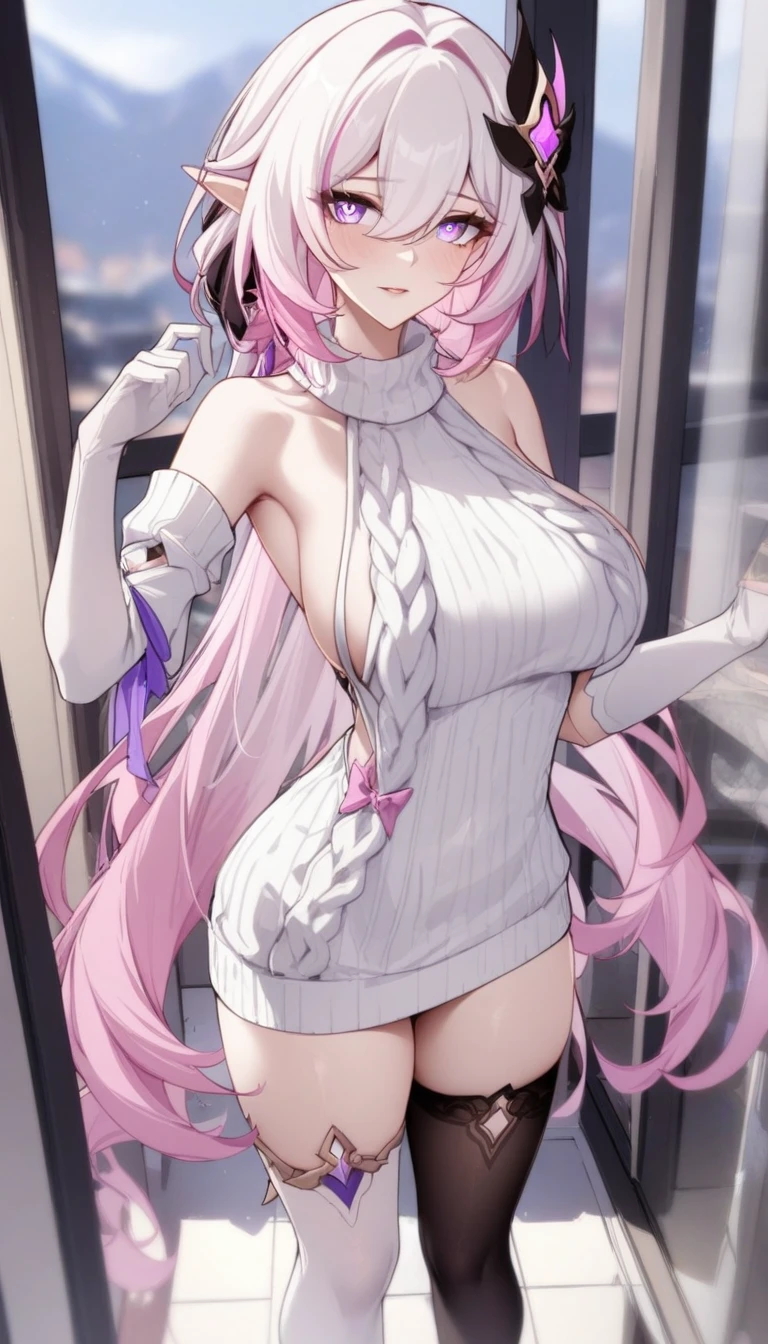 masterpiece, best quality, very aesthetic, absurdres, 1girl, mature_lady, masterpiece, best quality, very aesthetic, absurdres, 1girl, standing, full body, thighhighs,one thighhigh is white, another thighhigh is black, white stocking, black stocking white_sweater, virgin-killing_sweater,,elysia_(honkai_impact), honkai_(series), honkai_impact_3rd, elysia_(herrscher_of_human:ego)_(honkai_impact), 1girl, elbow_gloves, elf, hair_between_eyes, hair_ornament, multicolored_hair, pink_hair, pink_pupils, pointy_ears, purple_eyes, two-tone_hair,,in balcony,blur background,background defocus