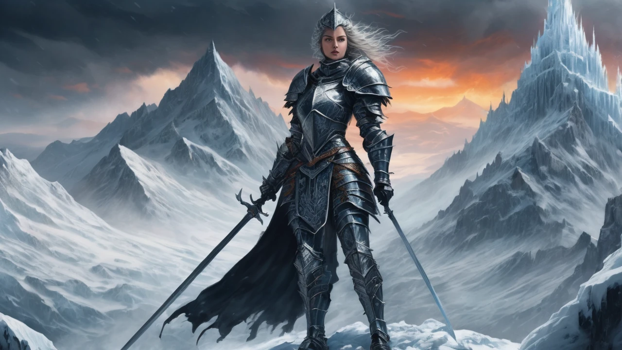 A striking dark fantasy illustration of a female knight standing valiantly on a snow-covered mountain peak. Her armor is adorned with intricate designs and has a frost-bitten appearance. The knight's sword is encased in ice, emitting a cold aura that contrasts with the fiery determination in her eyes. A storm brews in the distance, adding to the ominous atmosphere., dark fantasy