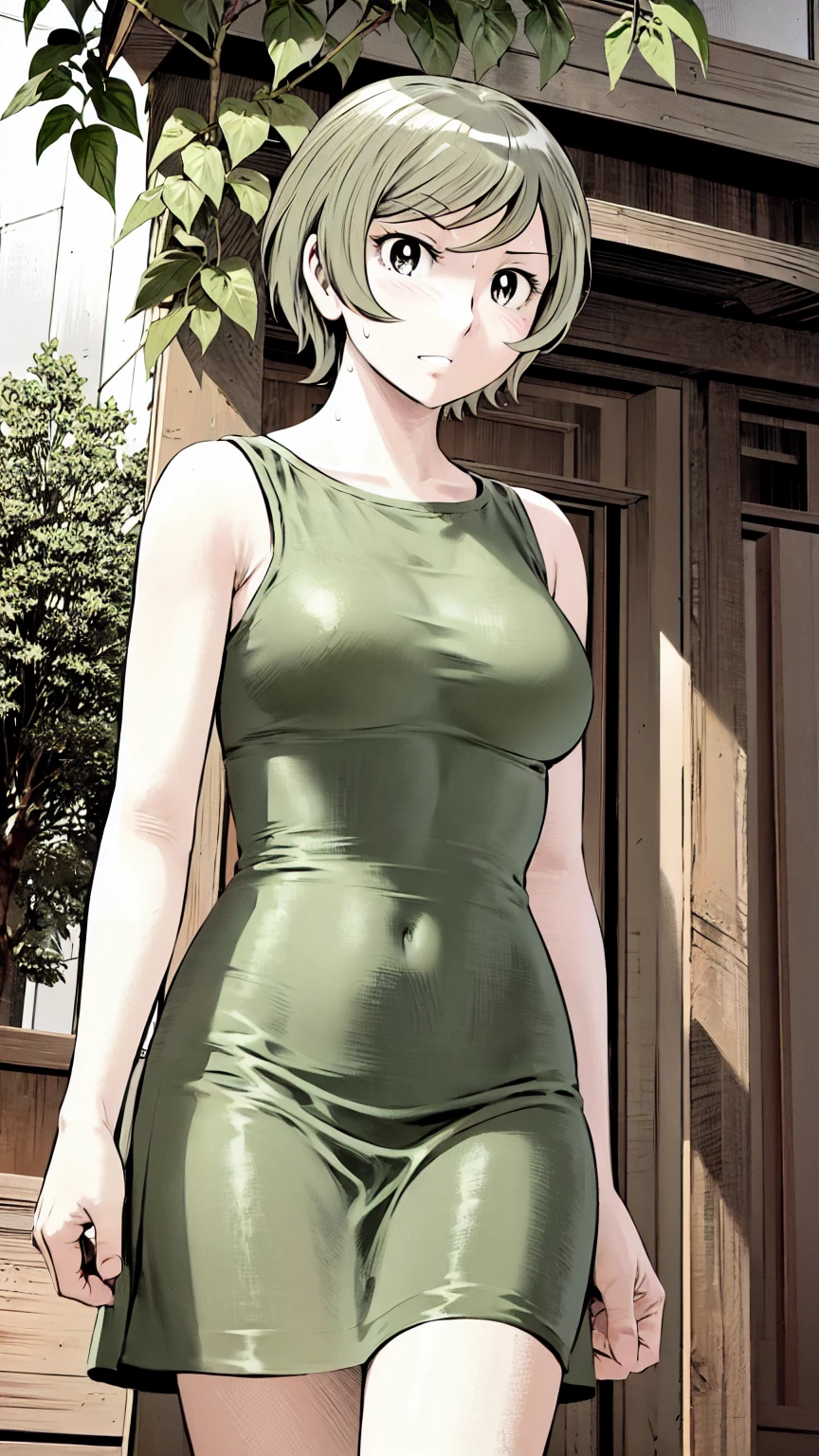 、(masterpiece、Highest quality)、Highest quality, Ultra-high resolution, (((masterpiece))), alone, Sweat、Big eyes, Sleeveless、Outdoor、Floral Dress、Composition from the front、(後ろCut your hair short、short hair、blonde、woman)、Shortcuts、Embarrassed face、Cut your hair short、可愛いwomanの子、Big Breasts、Browsing Caution