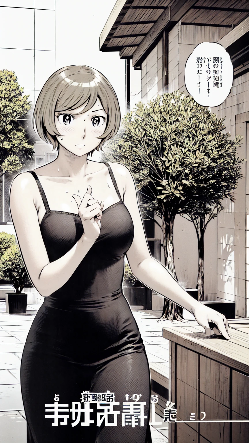 、(masterpiece、Highest quality)、Highest quality, Ultra-high resolution, (((masterpiece))), alone, Sweat、Big eyes, Sleeveless、Outdoor、Floral Dress、Composition from the front、(後ろCut your hair short、short hair、blonde、woman)、Shortcuts、Embarrassed face、Cut your hair short、可愛いwomanの子、Big Breasts、Browsing Caution
