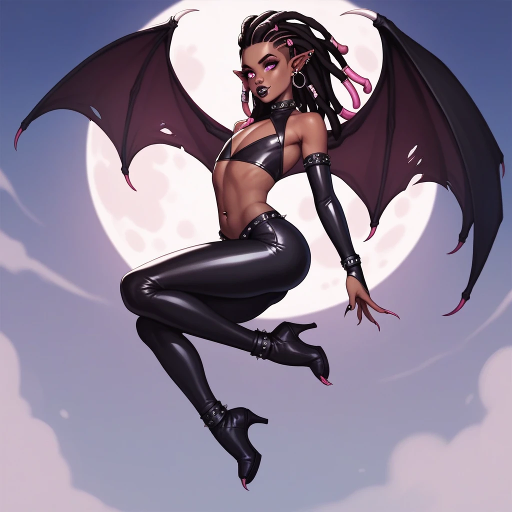Best quality, highly detailed, ultra detailed, 1 brown skin boy, flat chest, male chest, slim curvy body, long pink dreadlocks, pink eyes, vampire, pointy ears, pierced ears, belly button piercing, septum piercing, nostril piercing, sharp nails, black lipgloss, goth, wearing black bodysuit, black tight pants, big butt, flying, full moon background, night sky