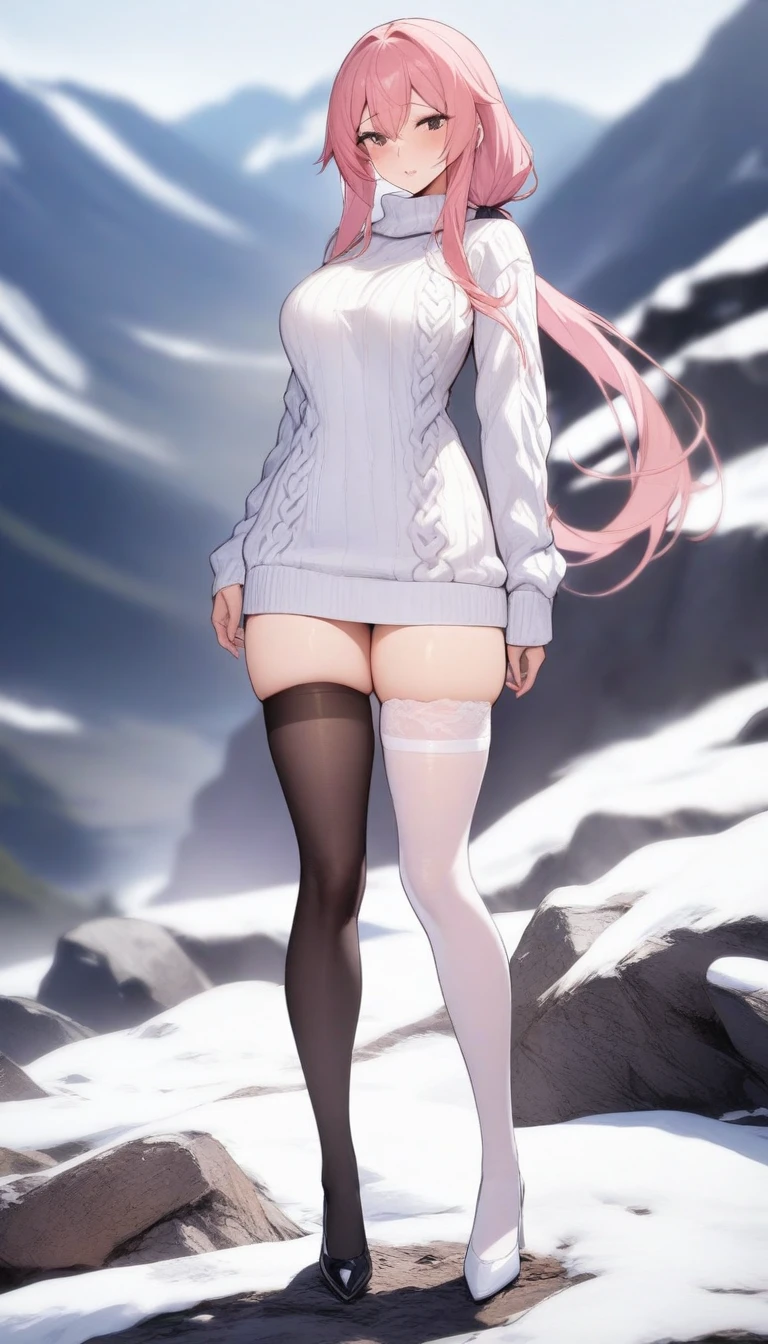 masterpiece, best quality, very aesthetic, absurdres, 1girl, mature_lady, masterpiece, best quality, very aesthetic, absurdres, 1girl, standing, full body, thighhighs,one thighhigh is white, another thighhigh is black, white stocking, black stocking white_sweater, virgin-killing_sweater,,gasai_yuno(mirai_nikki), 1girl, pink_hair, long_hair, low double ponytail,,in the mountain,blur background,background defocus