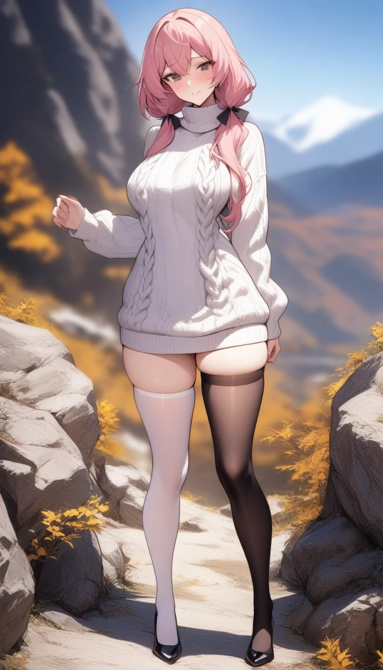 masterpiece, best quality, very aesthetic, absurdres, 1girl, mature_lady, masterpiece, best quality, very aesthetic, absurdres, 1girl, standing, full body, thighhighs,one thighhigh is white, another thighhigh is black, white stocking, black stocking white_sweater, virgin-killing_sweater,,gasai_yuno(mirai_nikki), 1girl, pink_hair, long_hair, low double ponytail,,in the mountain,blur background,background defocus