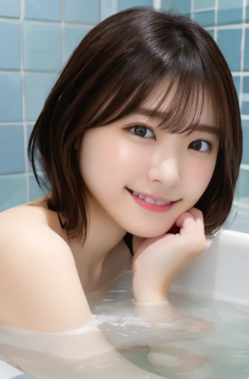 (8K highest quality)、（beautiful）、Precision Eyes、Fine skin、22-year-old female、Stylish、Brown eyes、Soft Breasts、Brown Hair、looking at the camera、、smile、naked、Semi-short hair、Take a bath